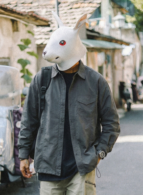 兔先森春秋季美式复古户外机能工装长袖衬衫男士百搭收口衬衣外套