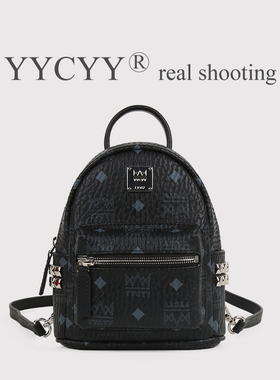 日韩风格潮牌几何图案双肩包女迷你百搭时尚背包黑色小包真皮女包