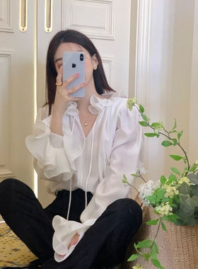 荷叶边衬衫女新款法式蝴蝶结衬衫打底衫仙仙上衣超仙荷叶领衬衣女