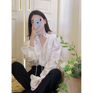 打底衫 荷叶边衬衫 蝴蝶结衬衫 法式 仙仙上衣超仙荷叶领衬衣女 女新款