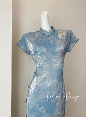 新中式清冷感竹叶蓝色烫金旗袍女年轻款日常可穿气质高级感修身