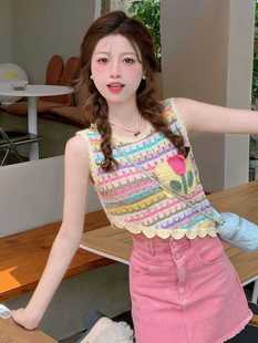夏日多巴胺穿搭彩色条纹吊带背心女设计感小众宽松无袖针织短上衣