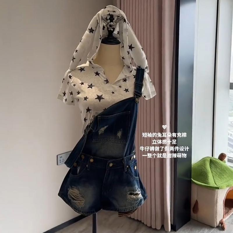 美式复古破洞牛仔背带短裤夏季