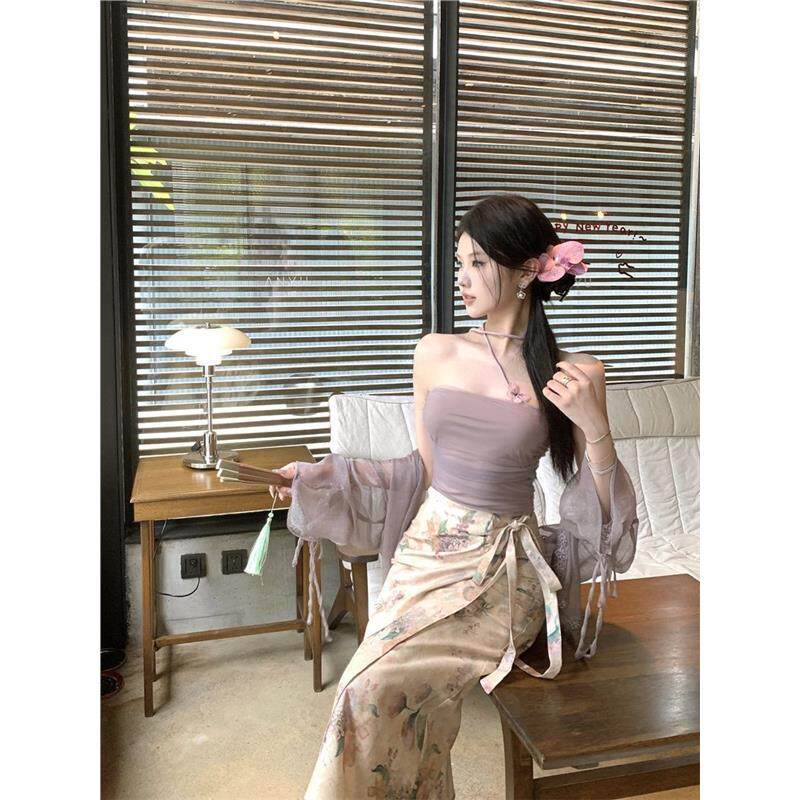 新中式套装纯色网纱抹胸上衣+透感百搭开衫+复古禅意印花半身裙女,女装/女士精品,时尚套装,淘宝优惠券,粉丝福利购,淘宝优惠卷