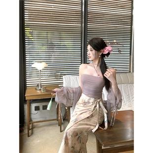 新中式套装纯色网纱抹胸上衣+透感百搭开衫+复古禅意印花半身裙女