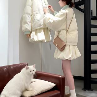 巨好看早秋韩系穿搭减龄圆领长袖 棉服外套女高腰花苞半身裙三件套