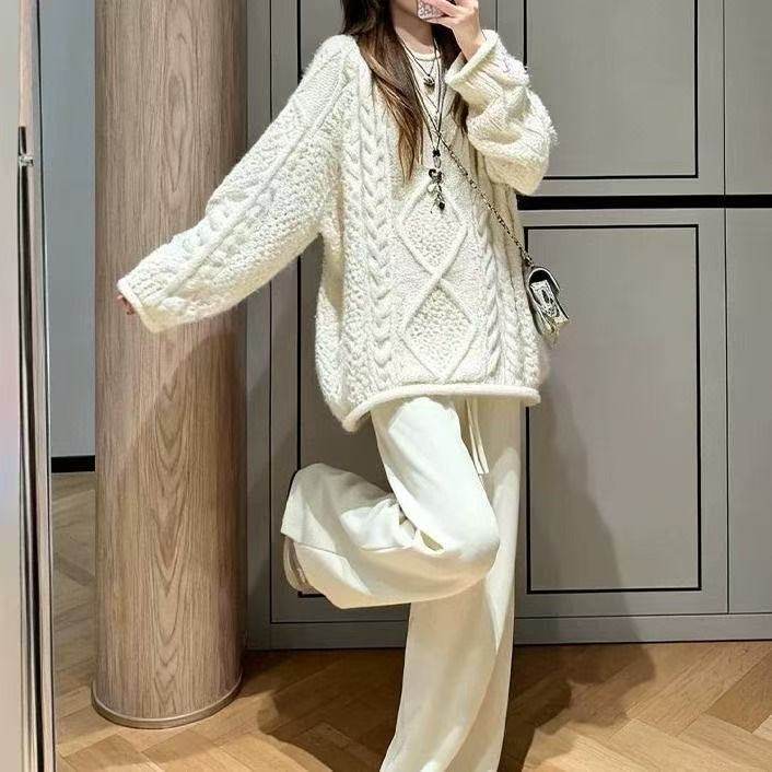 秋装穿搭一整套宽松显瘦麻花针织毛衣阔腿裤巨好看休闲慵懒套装女