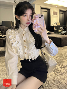 荷叶边长袖 高级设计感小众别致短款 白衬衫 新款 上衣 女士秋冬季 法式