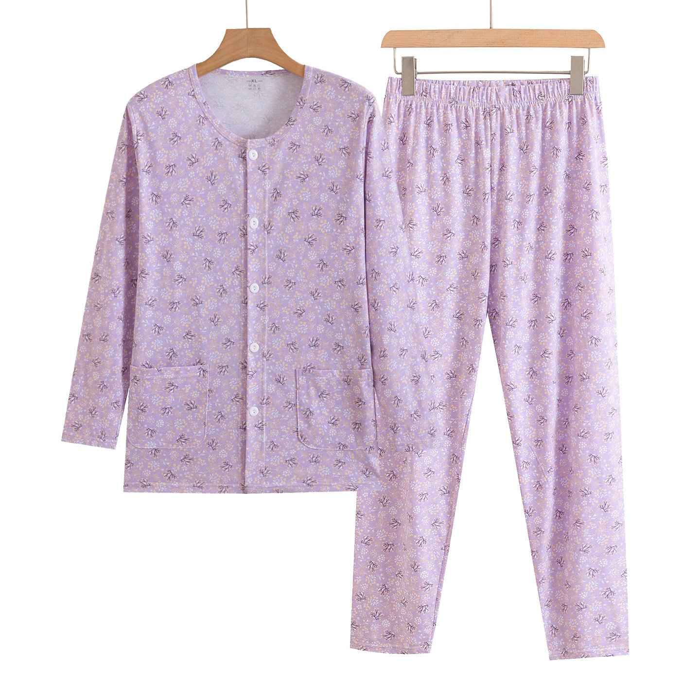 女士纯棉开衫长袖长裤薄款睡衣中老年人全棉加肥大夏季家居服套装