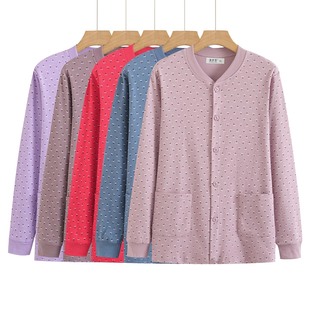 老太太纯棉开衫秋衣女中老年纽扣棉毛衫上衣奶奶宽松大码保暖线衣