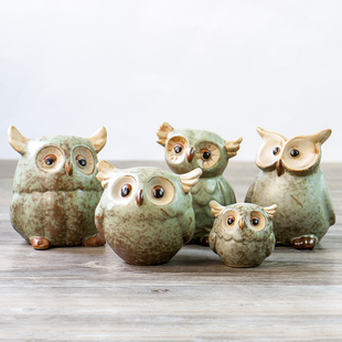 饰桌面摆饰 日本大创zakka陶瓷猫头鹰摆件治愈系猫头鹰一家园艺装