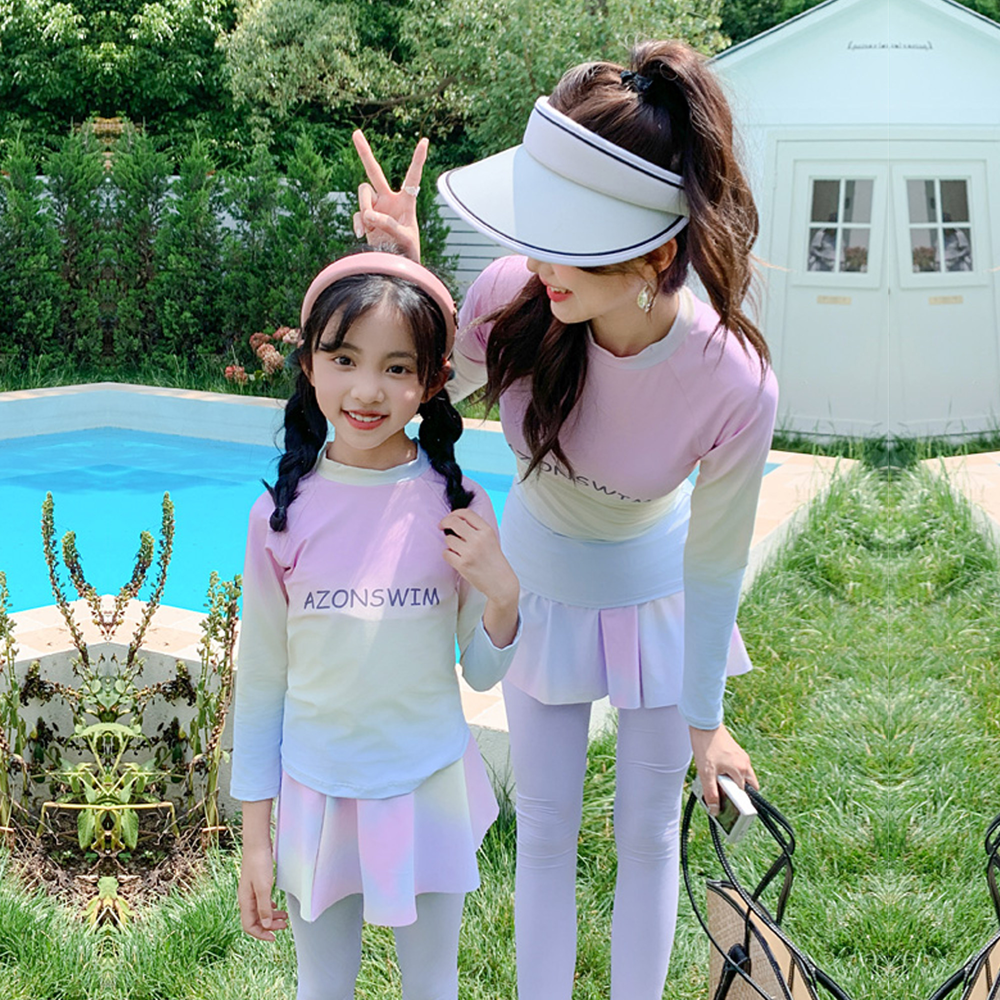 亲子泳衣女母女分体沙滩度假防晒长袖长裤可爱女童中小童儿童泳装