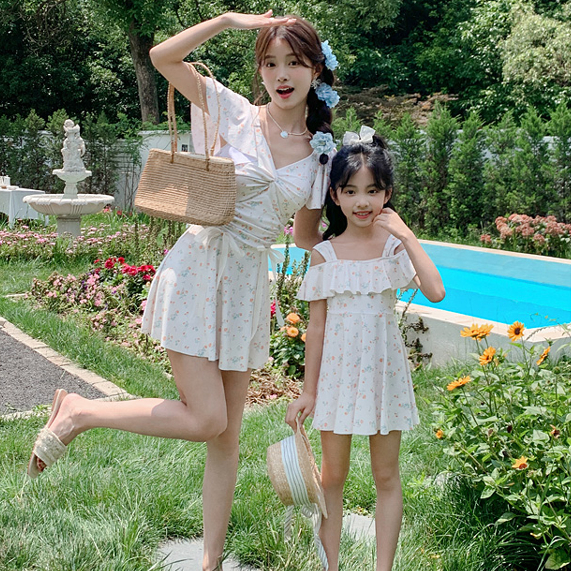 亲子泳衣女母女连体裙式保守平角荷叶袖碎花女童中小童儿童泳装