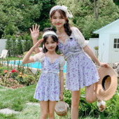 亲子泳衣女母女连体裙式 温泉 平角甜美碎花可爱女童中小童儿童泳装