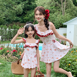 亲子泳衣女母女连体裙式 遮肚显瘦复古碎花可爱女童中小童儿童泳装