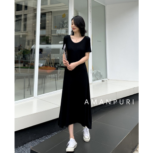 垂感十足/2024夏天新款莫代尔连衣裙女装打底藏肉大摆a字短袖长裙