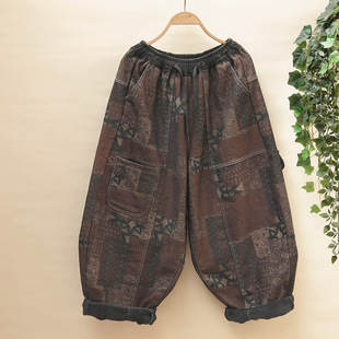 松紧腰印染百搭阔腿裤 复古港风牛仔老爹裤 加绒加厚哈伦裤 新品 冬季