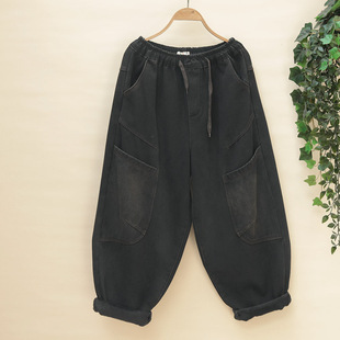 牛仔裤 保暖萝卜裤 女大口袋老爹裤 加绒加厚冬季 宽松显瘦哈伦裤 大码