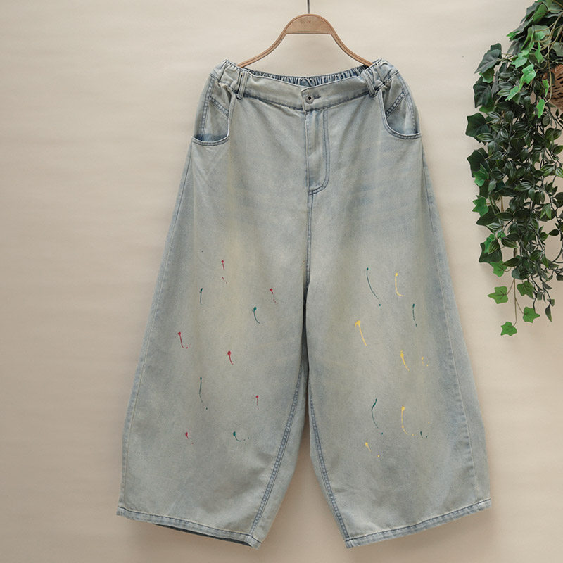 甩漆点点九分直筒裤一粒扣个性吊档裤春夏宽松垮裤大码阔腿牛仔裤