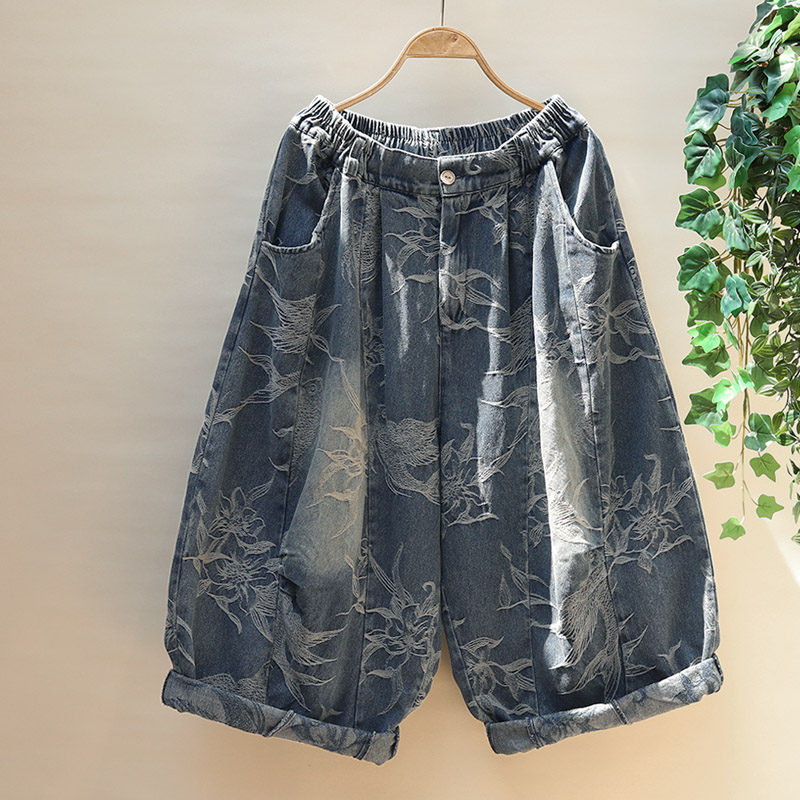 民族风绣花阔腿南瓜裤大码牛仔裤