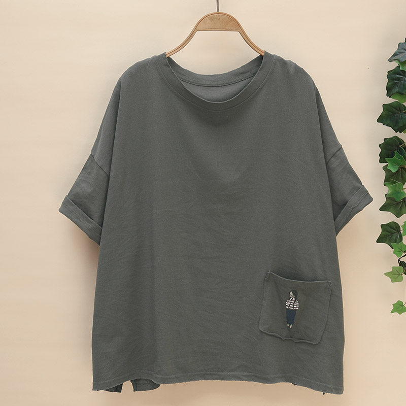 夏季2026新款短袖女T恤衫慵懒风百搭套头衫口袋女孩宽松薄款上衣
