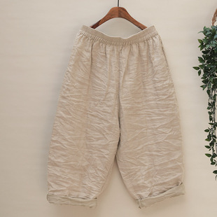 古着风苎麻休闲裤女褶皱设计双层哈伦裤大码减龄舒适阔腿萝卜垮裤