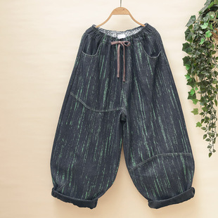 加厚老爹裤 港风复古牛仔裤 大版 宽松吊裆加绒气球裤 涂鸦条纹哈伦裤
