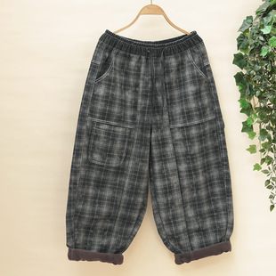 休闲裤 宽松百搭老爹裤 冬季 小个子大码 加绒哈伦裤 欧货格子加厚女式