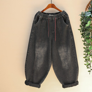 复古水洗牛仔裤 锥形裤 女手工缝线高腰宽松阔腿哈伦裤 新品 秋季 美式