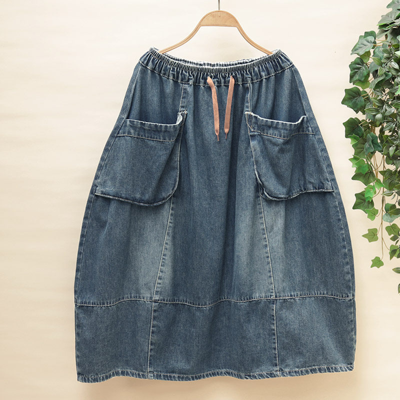 设计感大口袋牛仔半身裙秋季韩版中长裙大码宽松遮肉灯笼花苞裙子