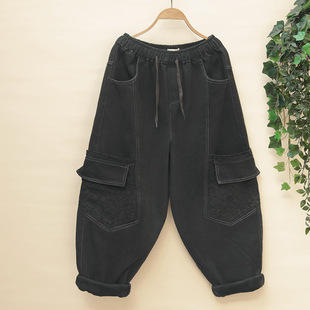 牛仔裤 加绒加厚宽松拼色哈伦裤 女松紧腰工装 冬季 口袋老爹垮裤 大码