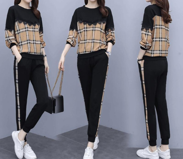 a2/29休闲运动 套装女   秋季新款拼接长袖长裤 两件套宽松大码