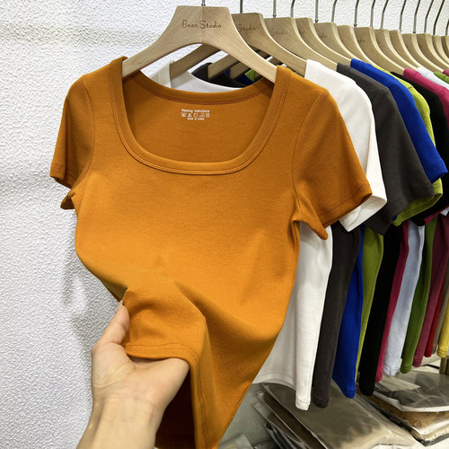 螺纹棉百搭短袖低领露锁骨显瘦