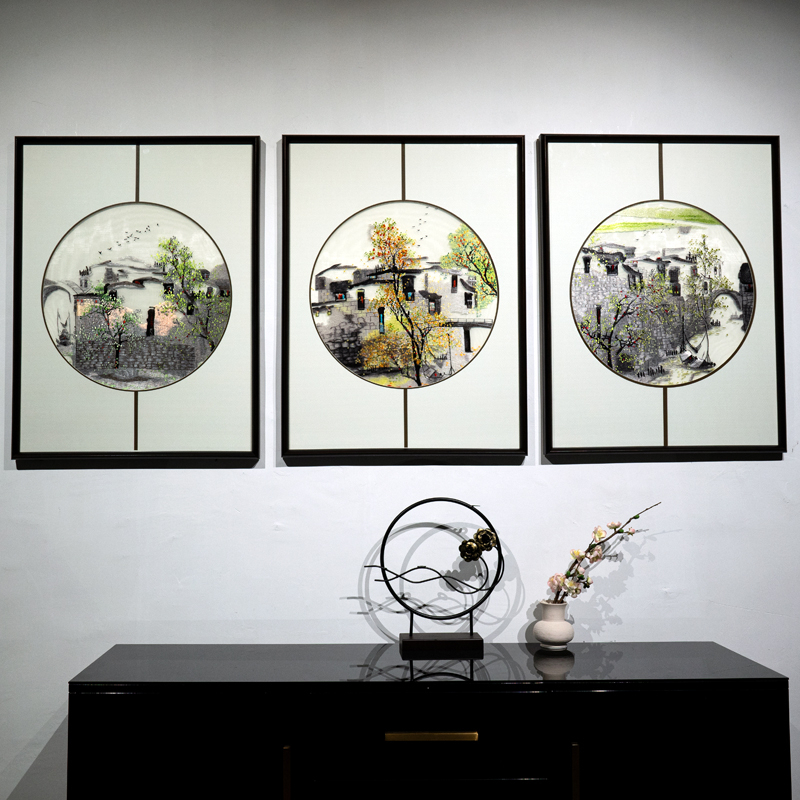 苏绣手工刺绣三连画装饰客厅简约现代大气中式创意挂画成品装饰画图片