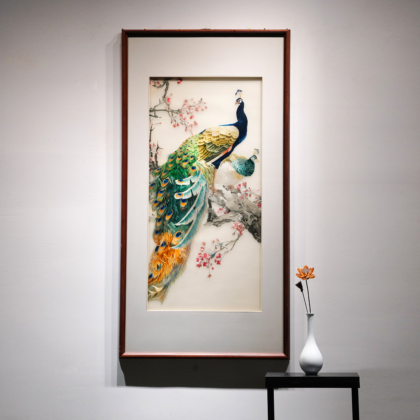 孤品手工苏绣成品画孔雀献瑞玄关入户过道刺绣装饰画茶室书房软装