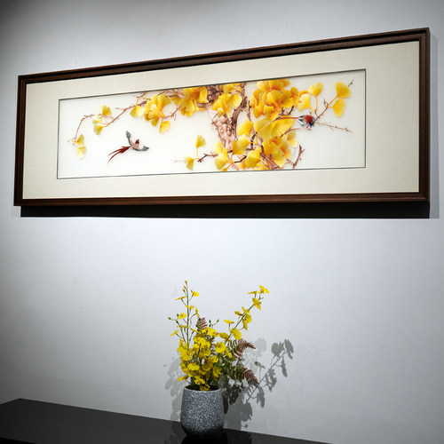 飞鸟渡秋银杏床头画软装苏绣成品