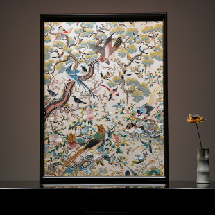 苏绣百鸟祥瑞中古风玄关入户挂画蚕丝线刺绣新中式 饰画 书房餐厅装