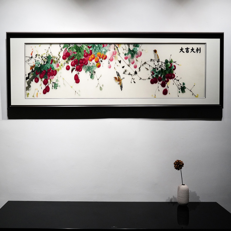 新中式床头苏绣装饰画卧室挂画大吉大利客厅横幅沙发背景墙刺绣画图片