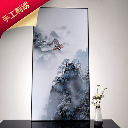 新中式山水画入户玄关苏绣装饰画走廊墙壁画竖版刺绣挂画局部刺绣