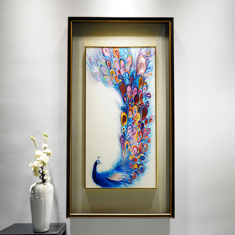 孔雀玄关画手工楼梯玄关过道新中式刺绣装饰画现代简约丝绣画定制图片