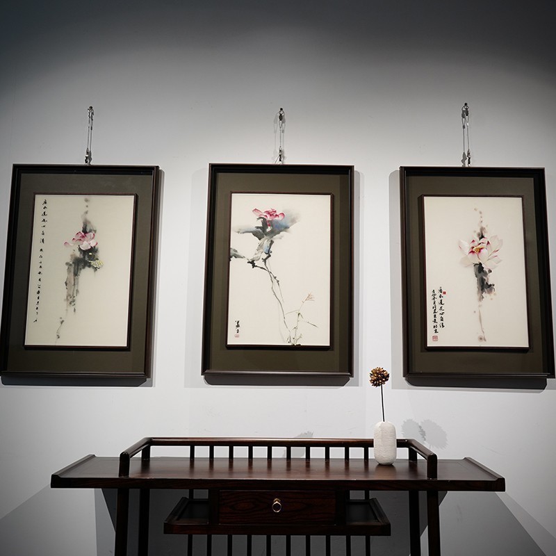 精品古典复古禅意简约荷花刺绣装饰画蚕丝手工苏绣成品挂画实木框图片