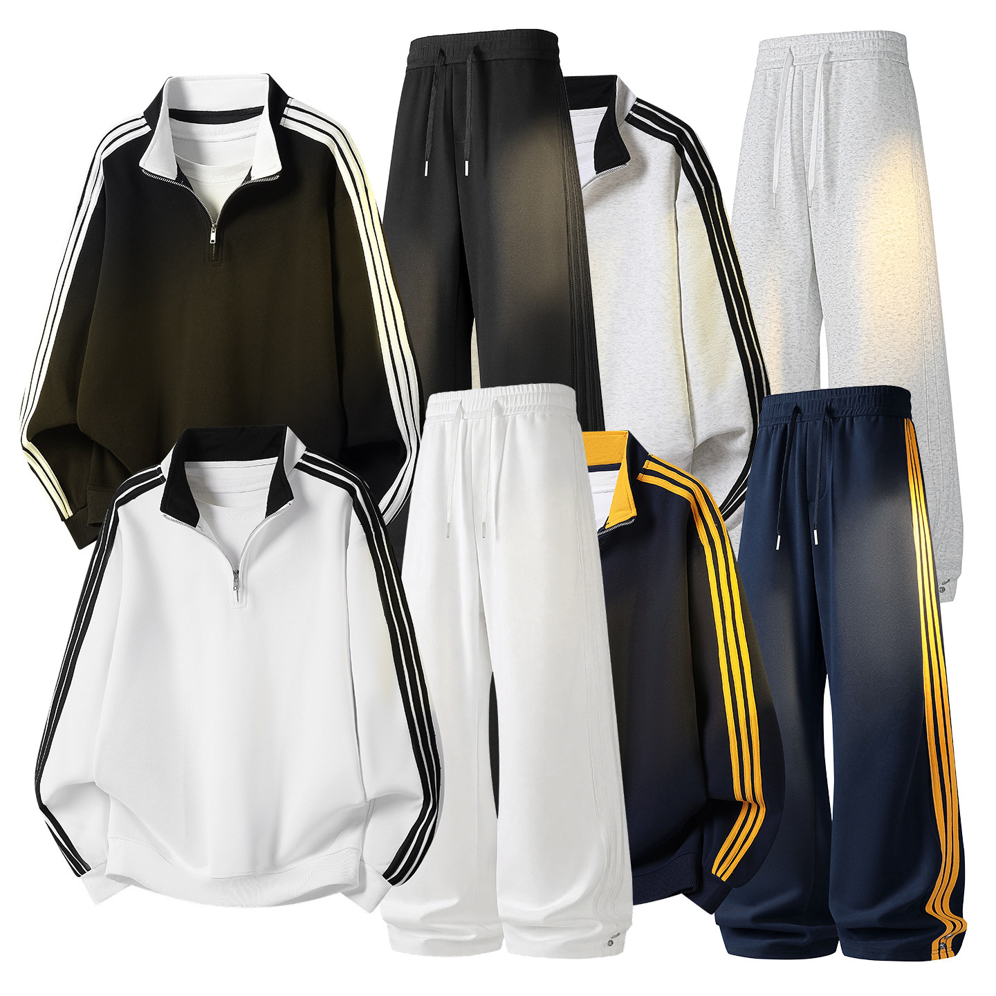 秋冬男士条纹半拉链卫衣套装青年学生宽松休闲运动服卫裤两件套