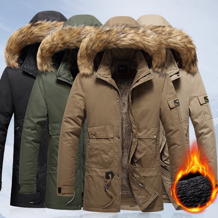 秋冬纯棉中长款加绒棉服外套男保暖加厚可脱帽棉衣中青年棉袄外褂