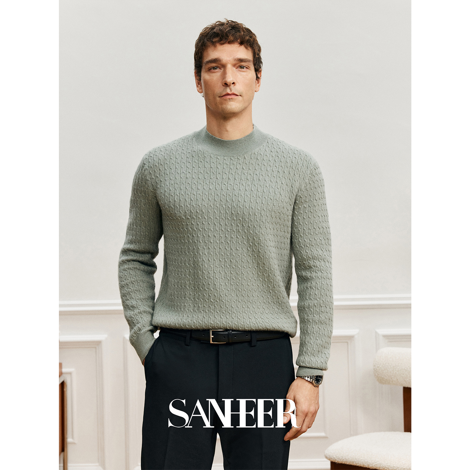 羊毛羊绒扭花纹理半高领羊绒衫