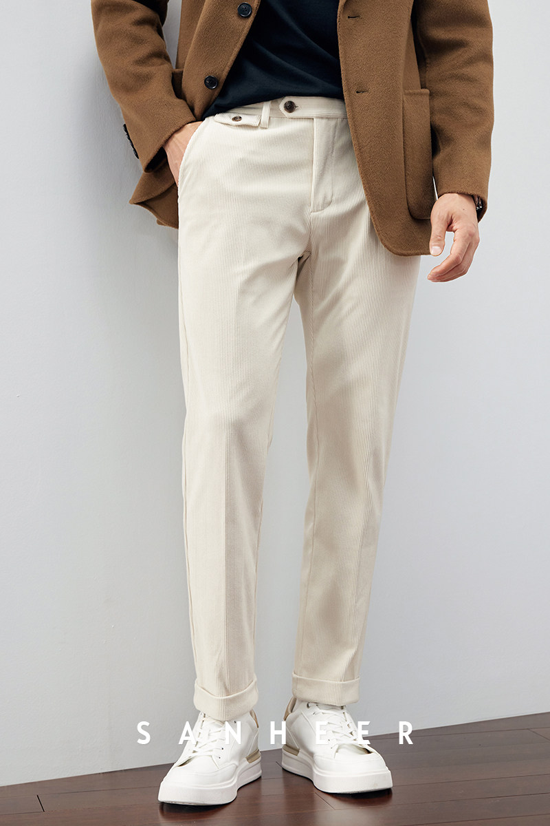 意式绅士 高档抗皱灯芯绒面料 冬季百搭男士米白色休闲裤 DBL987
