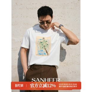 复古旅行风 T恤衫 夏季 百搭圆领短袖 DAT009 棕榈树印绣花图案