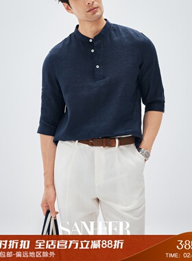 【儒雅闲适】高档舒适透气雨露亚麻 夏季亨利领五分袖T恤 DAT001