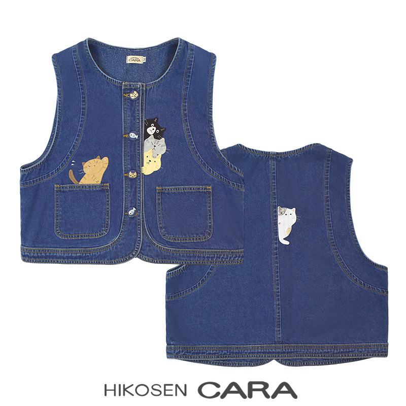 HIKOSEN CARA卡拉猫复古牛仔马甲女单排扣卡通猫咪叠穿坎肩背心