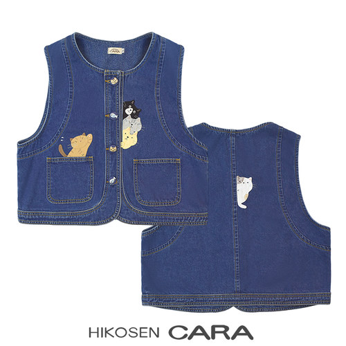 HIKOSEN CARA卡拉猫复古牛仔马甲女单排扣卡通猫咪叠穿坎肩背心