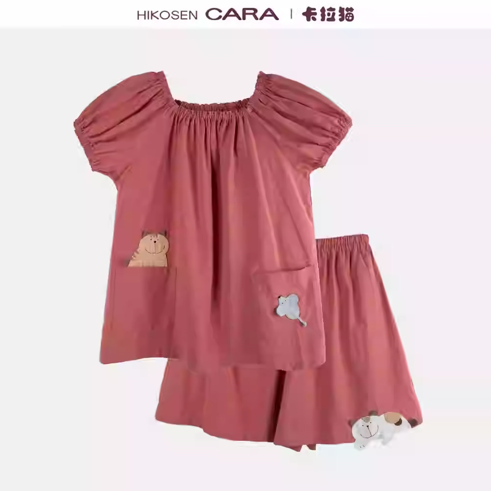 HIKOSEN CARA卡拉猫夏季短袖睡衣套装猫咪贴布可爱粉色女睡衣短裤